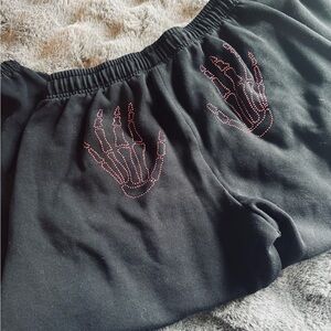 Victoria’s Secret PINK Black Skeleton Hand Rhinestone Sweatpants Size Large